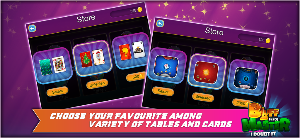 Bluff Master (420) - Store screen in Bluff Master game showing options to choose between different card designs and table themes.