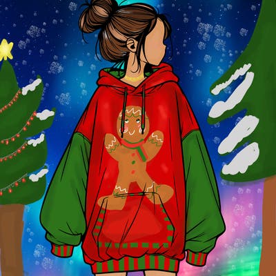 realistic girl with a oversized sweatshirt on and a bun