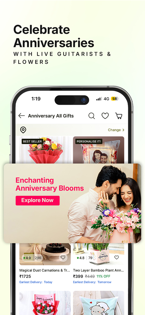 FNP: Gifts, Flowers, Cakes App - Écran de l'application FNP pour les cadeaux d'anniversaire présentant des fleurs, des gâteaux et des options personnalisées.