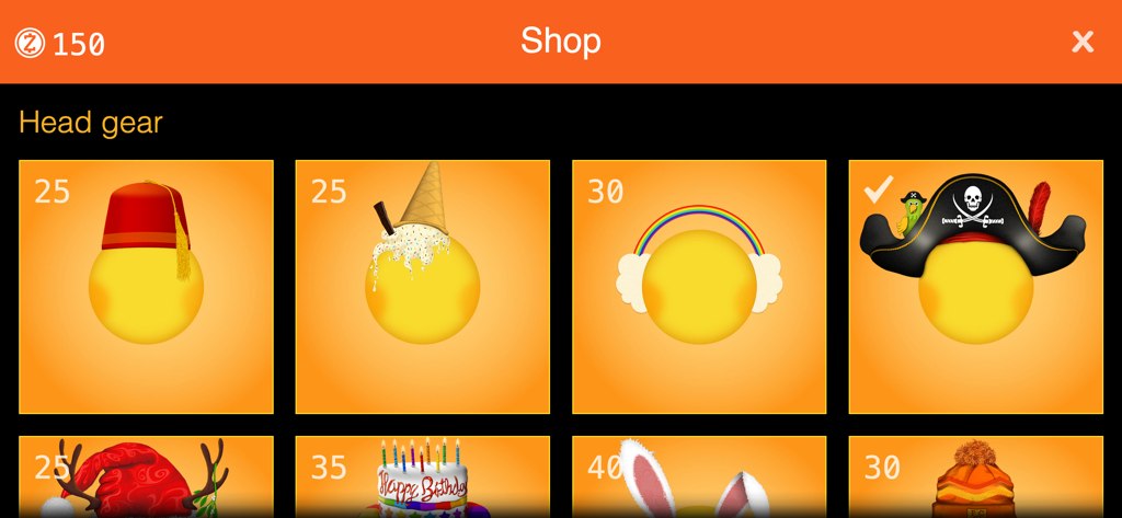 Der Zubehör-Shop für Charaktere in der Sonne zu Mond Schlafuhr App mit verschiedenen Hüten wie einem Piratenhut und einer Geburtstagstorte