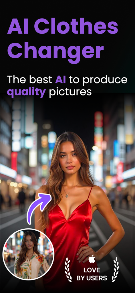 AI Clothes Changer: FitIn - A woman using the AI Clothes Changer app to virtually try on a red silk dress in a city setting.