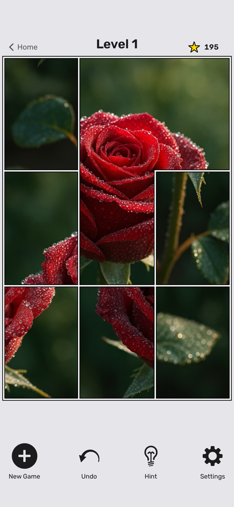 Jigsaw by Staple Games - Minimalist mobile game screen showing a jigsaw puzzle of a red rose with dew drops