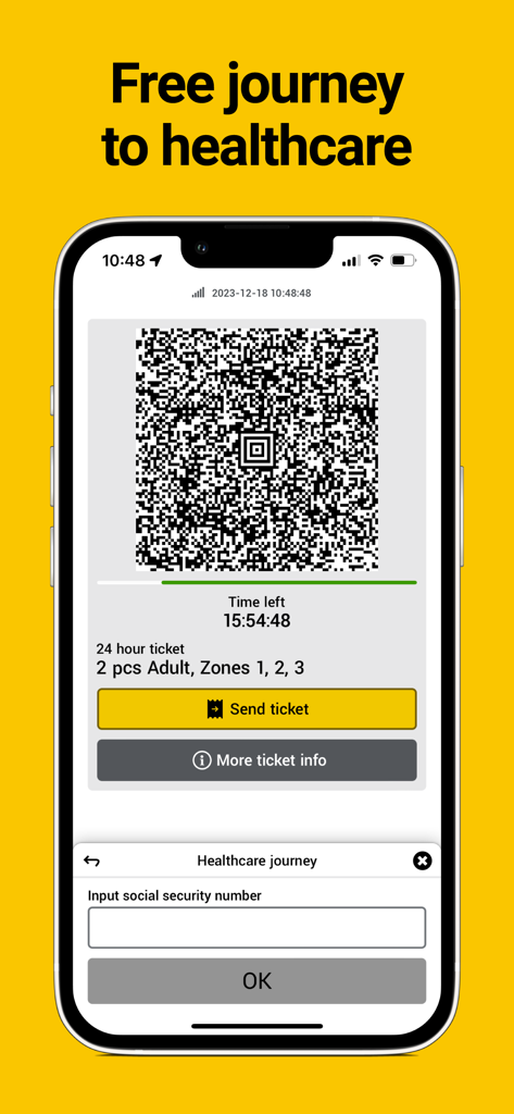 Handybildschirm der UL-App, der einen QR-Code für ein digitales Ticket und ein Formular zur Eingabe einer Sozialversicherungsnummer für eine Gesundheitsfahrt zeigt.