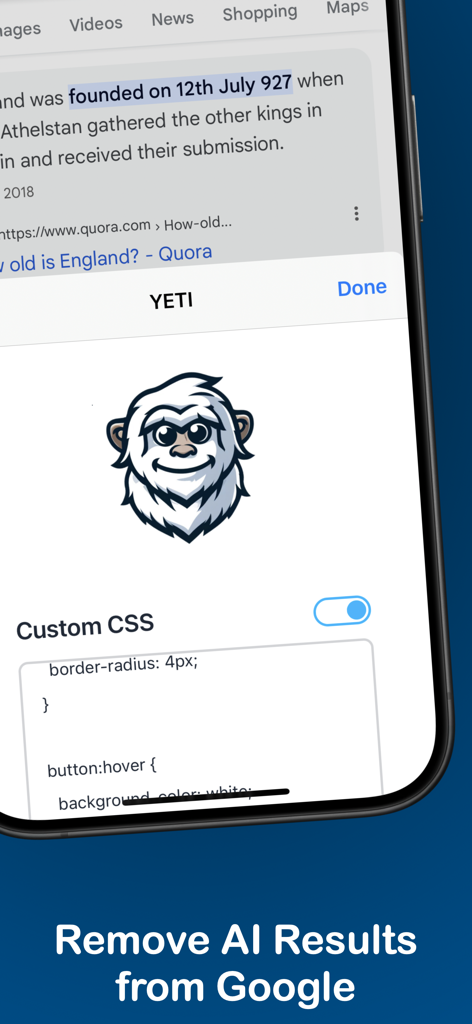 YETI - Custom CSS - Interface do aplicativo YETI com um mascote e um controle deslizante de CSS personalizado para remover resultados de IA do Google