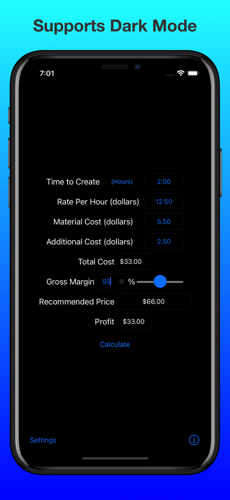Craft Pricing Helper - Handmade item pricing calculator interface with dark mode theme enabled.