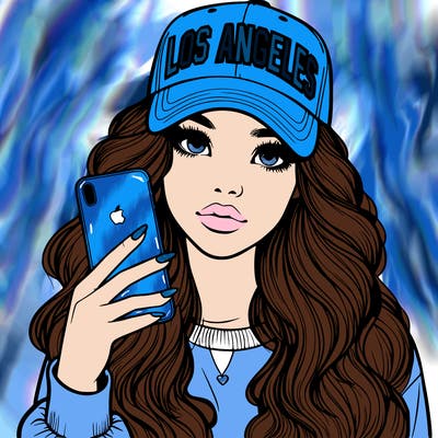 realistic beautiful girl wearing los ángeles cap holding an iphone