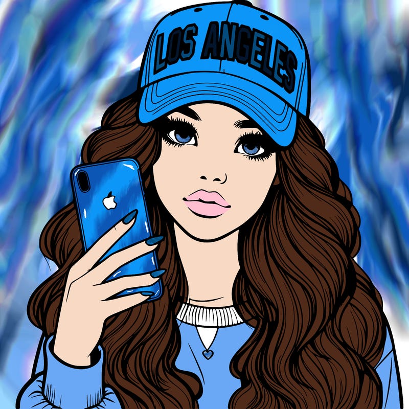 realistic beautiful girl wearing los ángeles cap holding an iphone