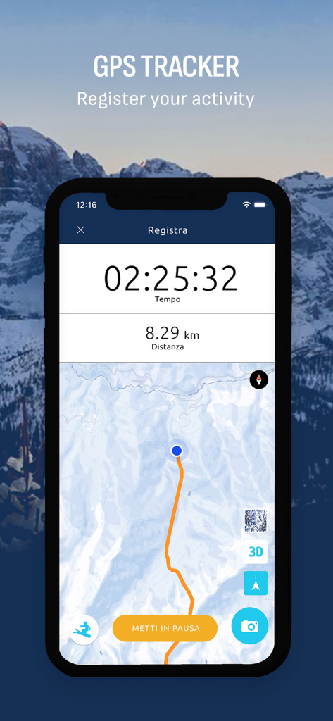 Skiarea Madonna di Campiglio - Skiarea Madonna di Campiglio app GPS tracker screen showing activity duration and distance on a topographic map