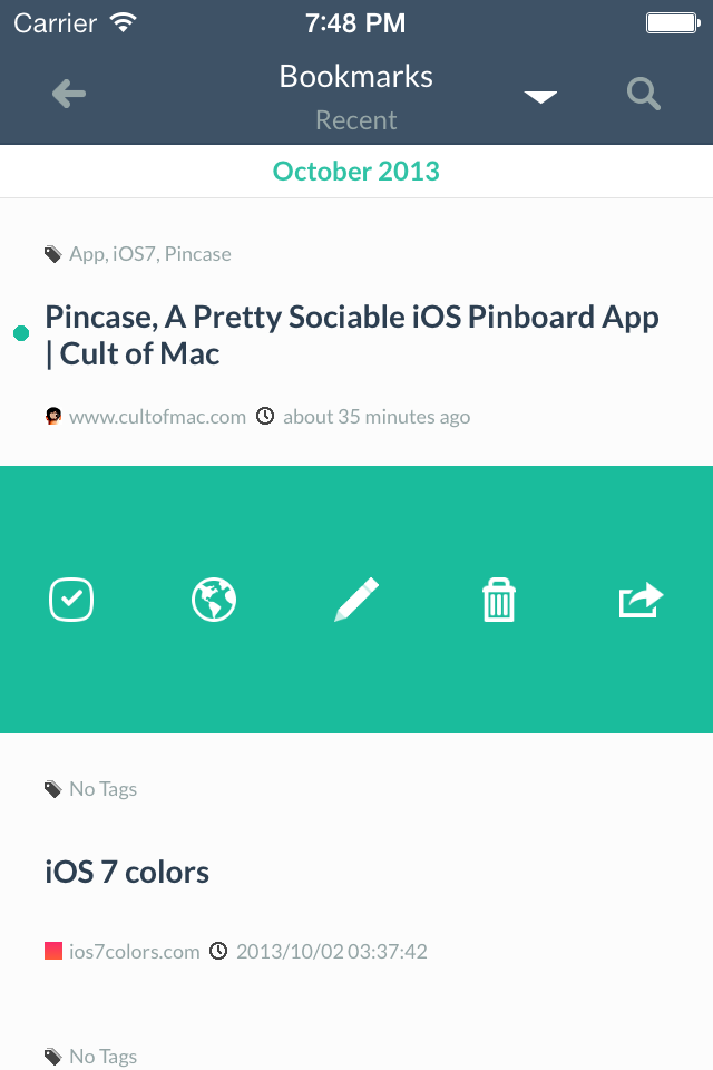 Pincase app interface showing a list of bookmarks with management action icons like edit share and delete