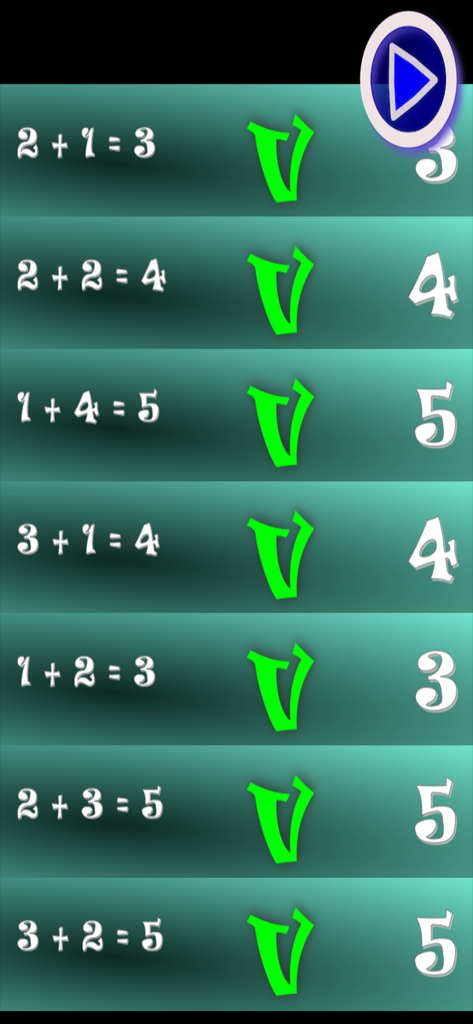 Fish Math Trainer - Addition math equations with green checkmarks in Fish Math Trainer