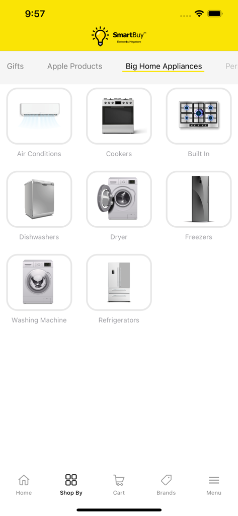 SmartBuy™ Electronics - SmartBuy Electronics app interface displaying shopping categories for big home appliances