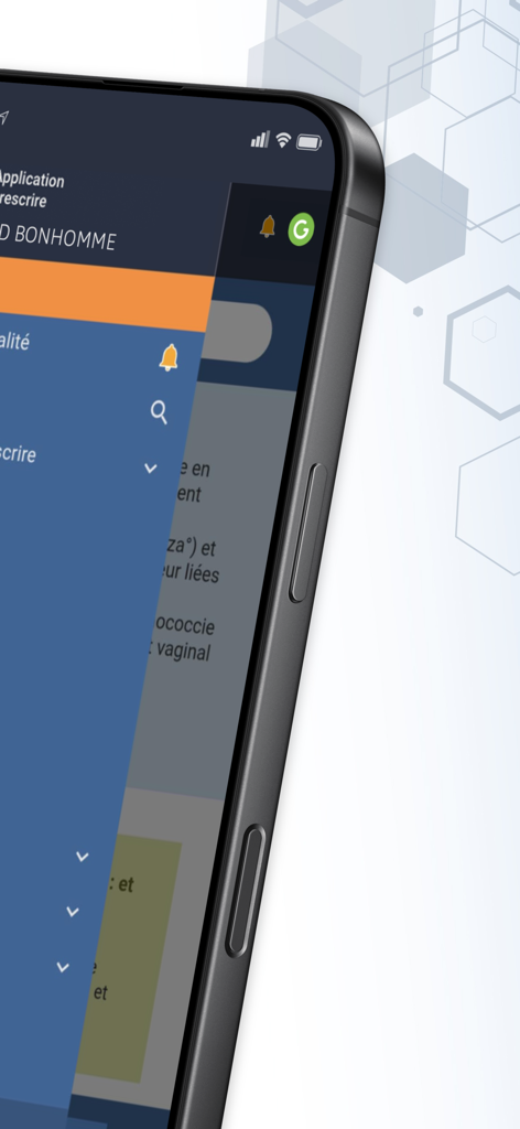 Application Prescrire - Bildschirm eines Smartphones, das die Benutzeroberfläche und das Navigationsmenü der medizinischen App Application Prescrire anzeigt