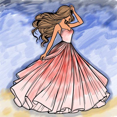realistic woman with dress flowing in the wind