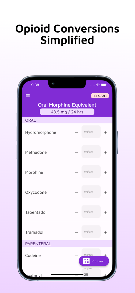 Captura de tela da interface do aplicativo Calculadora de Conversão de Opioides mostrando campos de entrada de dosagem para diferentes medicamentos e equivalentes de morfina oral calculados.