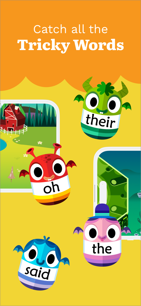 Teach Your Monster to Read - Monstruos coloridos mostrando palabras difíciles en el juego educativo Teach Your Monster to Read.