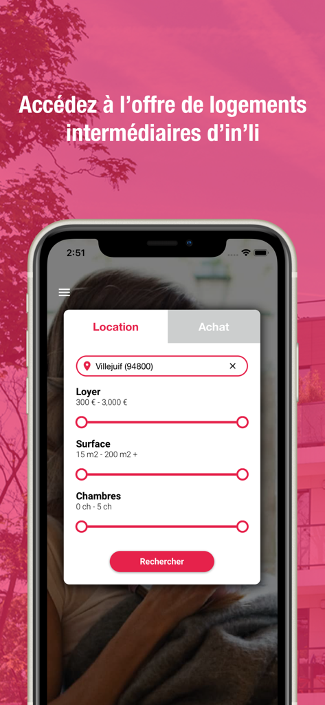 in'li.FR - Mobile interface of inli.FR app showing housing search filters for rent and surface area