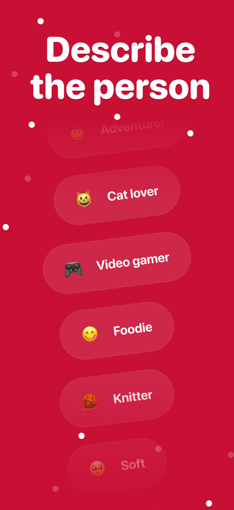 Giftible: Smart AI Gift Finder - App interface for selecting interests like cat lover or foodie to describe a gift recipient