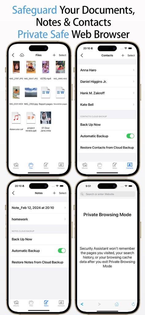 SecurityX- AD Blocker,Privacy+ - SecurityX app interface showing private vault for files, notes, and contacts along with private browsing mode