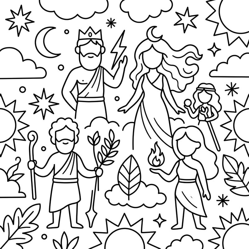 Spark your little one's imagination with this charming Gods & Goddesses coloring page, specially designed for toddlers. Featuring bold outlines and simple shapes, it's perfect for developing fine motor skills and introducing them to ancient myths.