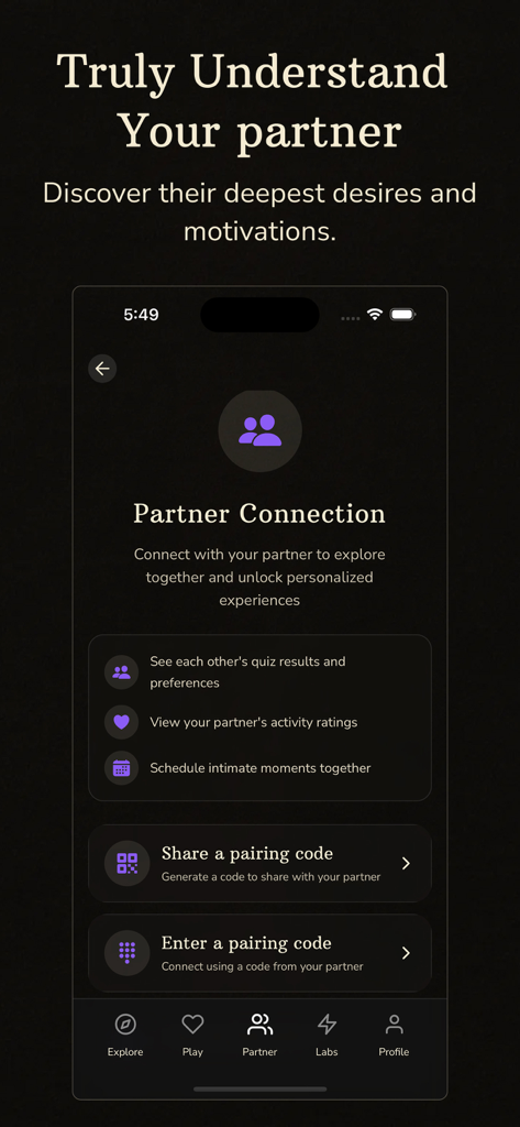 BeMoreKinky: For Kinky Couples - BeMoreKinky app interface for private partner connection and pairing.