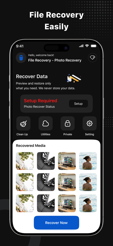 File Recovery - Photo Recovery - Pantalla de iPhone que muestra la interfaz de la aplicación Recuperación de Archivos con una cuadrícula de fotos recuperadas y un botón azul Recuperar Ahora.