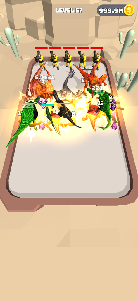 Merge Master: Dinosaurs Game - A 3D dinosaur and warrior battle scene in a desert arena level