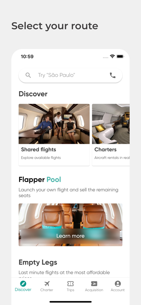 Flapper: Private Jet On-Demand - Flapper app discover screen showing shared flights charters and empty leg options