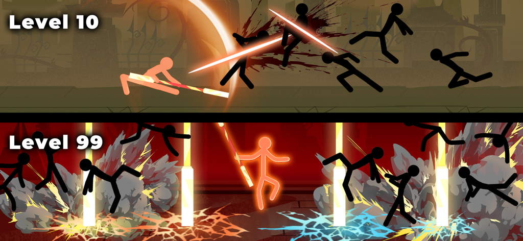 Stickman vs Monster: Idle RPG - Confronto che mostra la potenza di combattimento dell'eroe stickman al livello 10 rispetto al livello 99