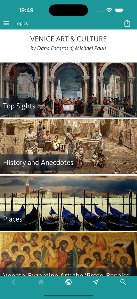 Venice Art & Culture - Venice Art and Culture mobile app topics screen featuring sections for sights history and places
