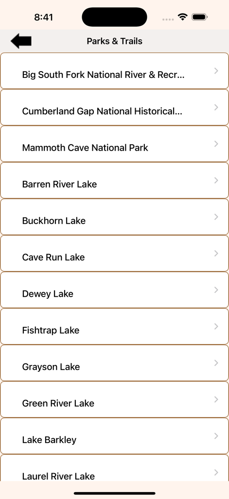 Parks & Trails - Kentucky - A list of Kentucky state parks and lakes including Mammoth Cave National Park and Barren River Lake on the Parks and Trails mobile app