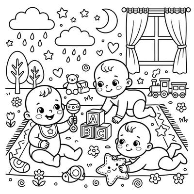 Delight in this charming coloring page featuring three happy babies engaged in playful activities. Designed especially for kids aged 4-8, it offers an adorable scene filled with toys and imagination.