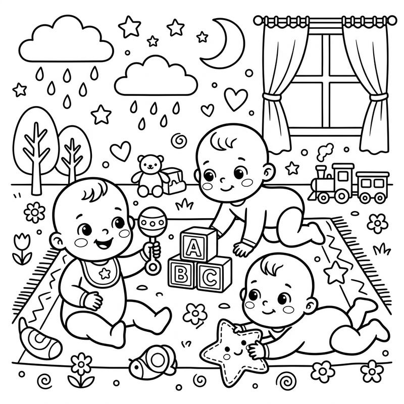 Delight in this charming coloring page featuring three happy babies engaged in playful activities. Designed especially for kids aged 4-8, it offers an adorable scene filled with toys and imagination.