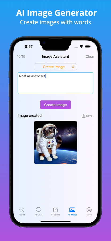 WorkGPT AI Copilot - WorkGPT AI app interface showing the AI image generator creating an image of a cat in an astronaut suit from a text prompt.