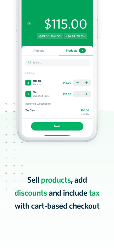 Interfaccia dell'app di pagamento mobile che mostra il checkout del carrello con prodotti e sconti
