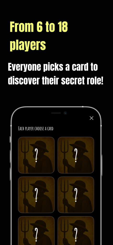 Pantalla de selección de roles de Werewolf Undercover para 6 a 18 jugadores en un solo dispositivo