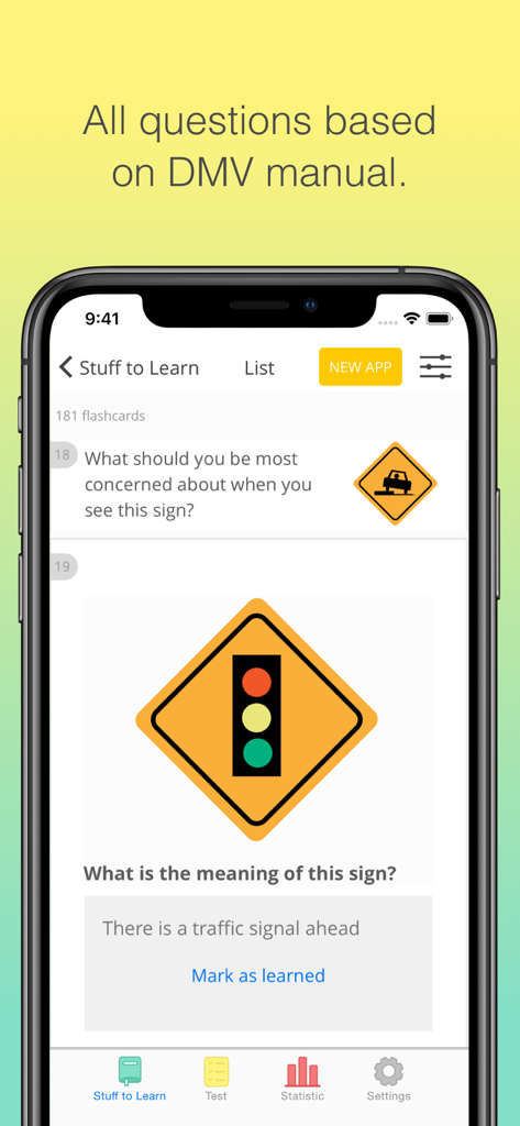 Pennsylvania DMV - Permit test - Pennsylvania DMV permit test app showing a flashcard with a traffic signal ahead sign question