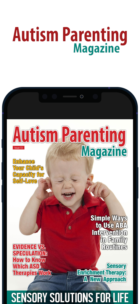 Autism Parenting Magazine digital cover featuring a child with sensory sensitivities and articles on ASD therapies