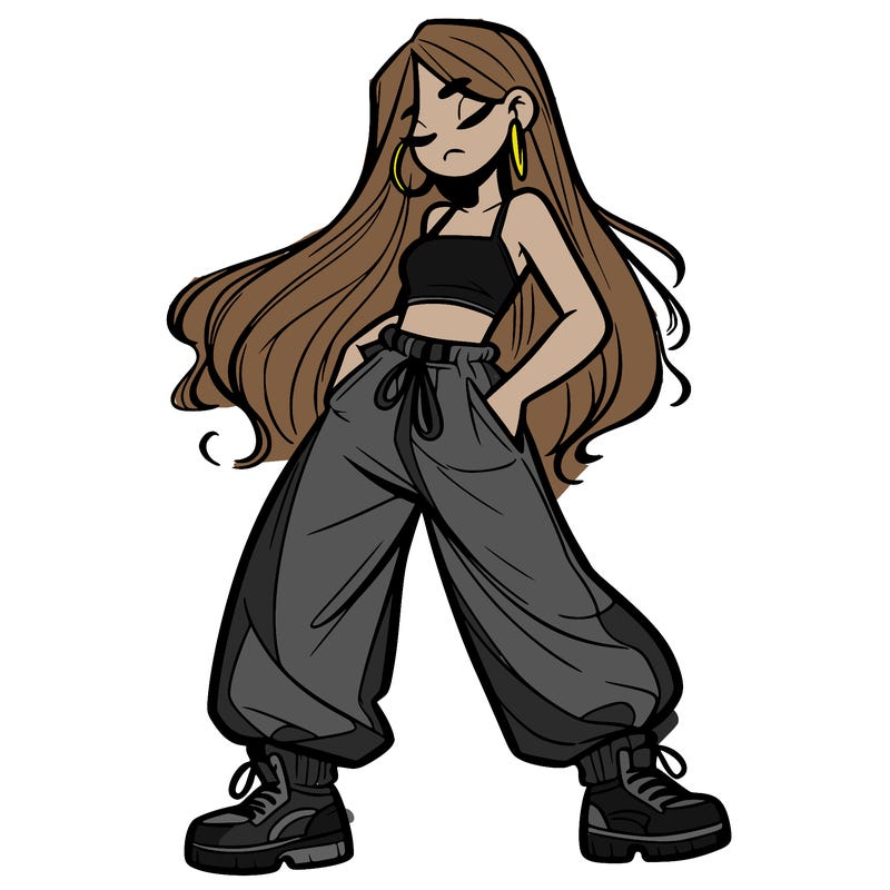 girl in baggy pants crop top and long hair