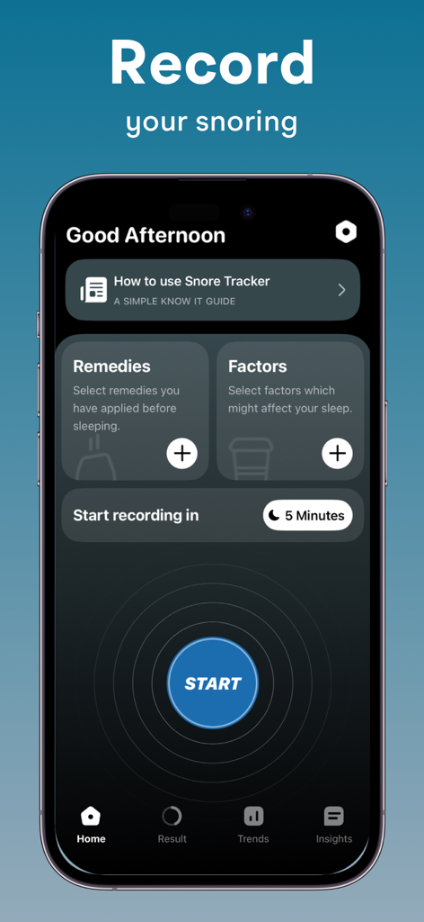 Snore Tracker : Record Snoring - Home screen of the Snore Tracker app showing the start button to record snoring.