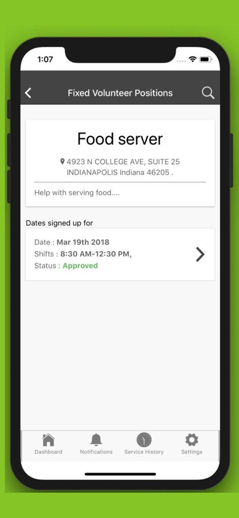 VolunteerMark app screen showing details for a food server position in Indianapolis with shift status approved.