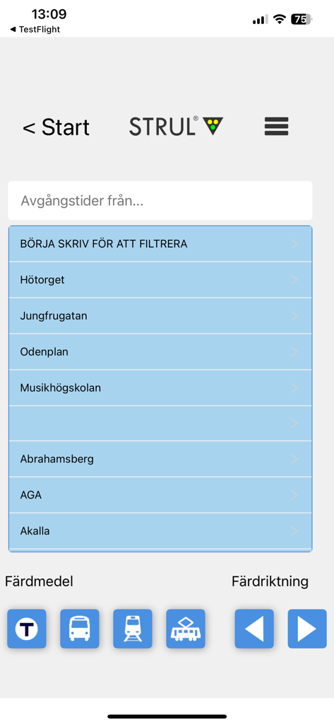 Strul app interface showing Stockholm transit station search and transport mode selection