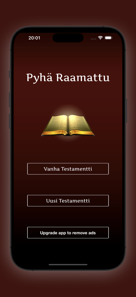 Main menu of the Pyha Raamattu Finnish Bible app with buttons for the Old and New Testaments