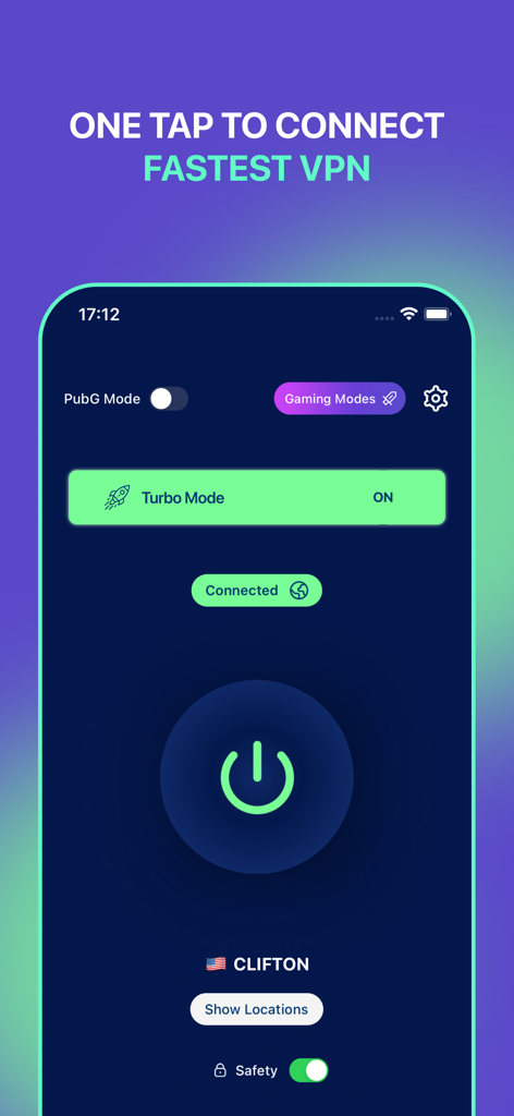 VPN Hotspot Browser & More - Interface of VPN Hotspot Browser app showing one tap connection and turbo mode enabled for gaming