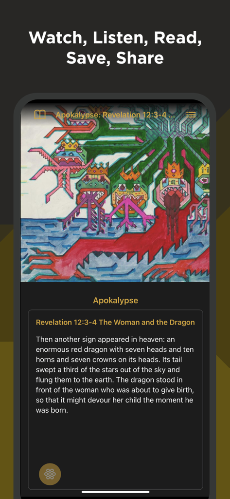 The Wiedmann Bible app displaying hand-painted art and scripture from the Book of Revelation.