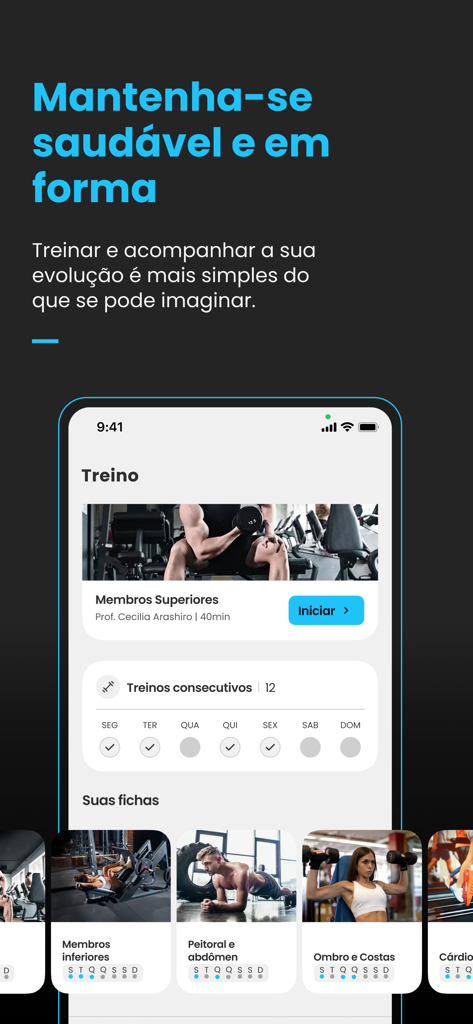 Live Academia Oficial - Live Academia app workout screen displaying personalized training routines and weekly progress.