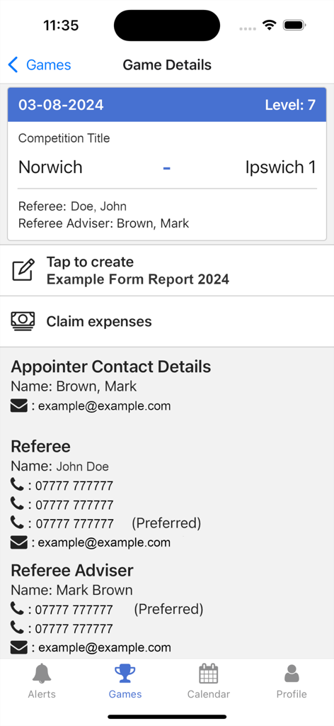 WhosTheRef game details screen showing match information and referee contact details
