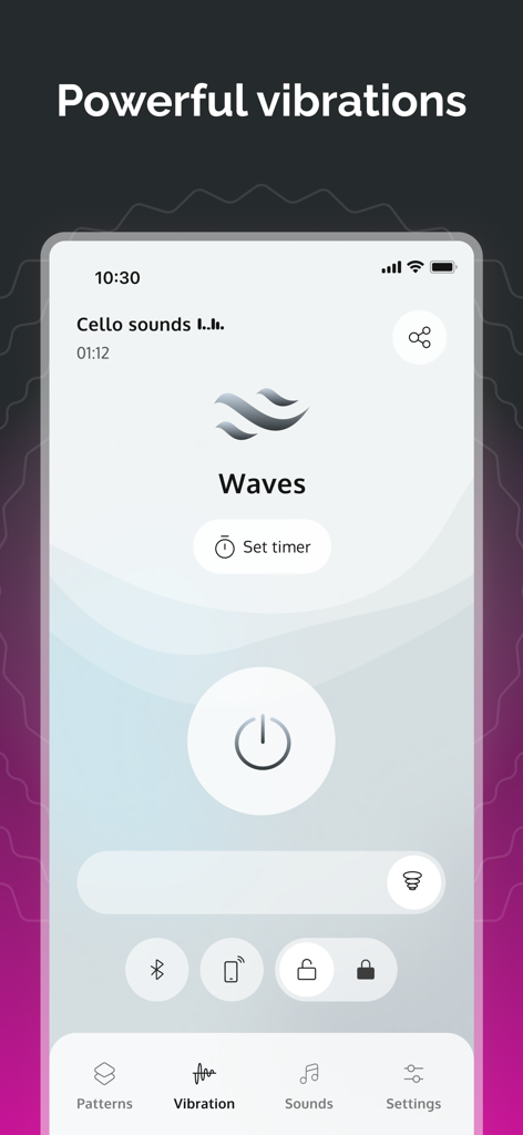Strong Vibes app interface showing the Waves vibration pattern and power control button.