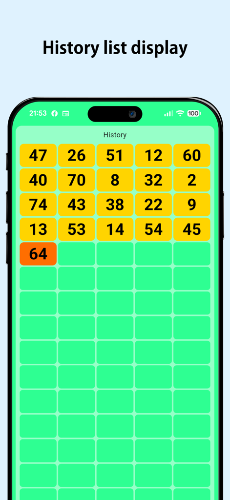 Una pantalla de lista de historial que muestra los números de bingo anteriores llamados en un formato de cuadrícula claro