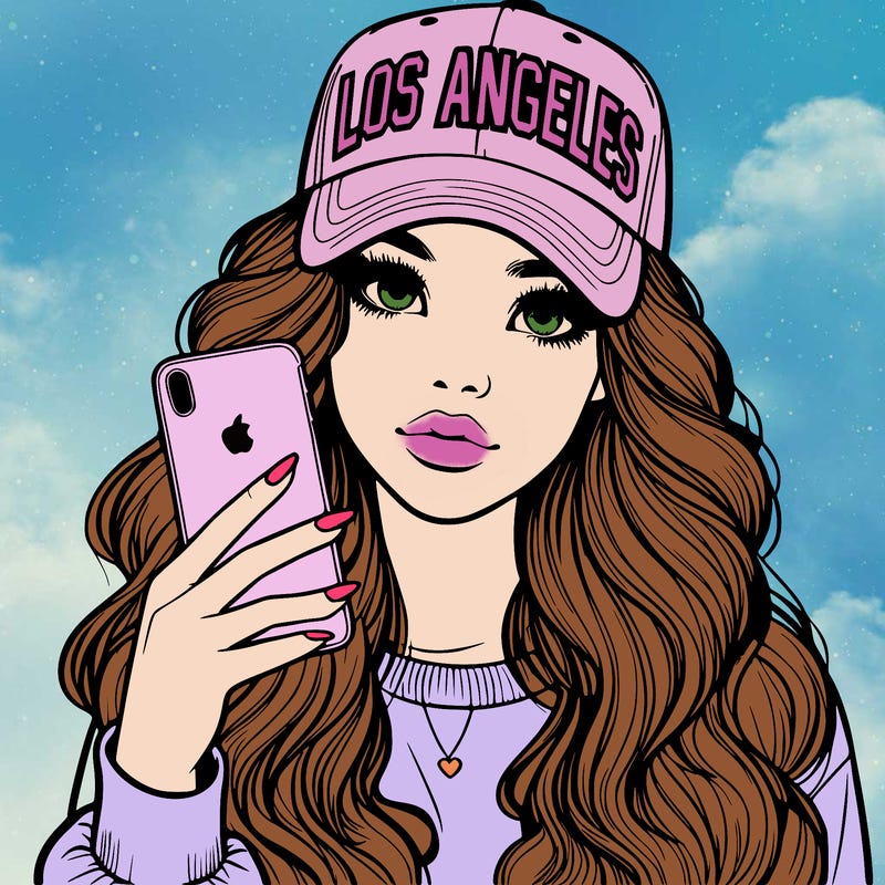 realistic beautiful girl wearing los ángeles cap holding an iphone