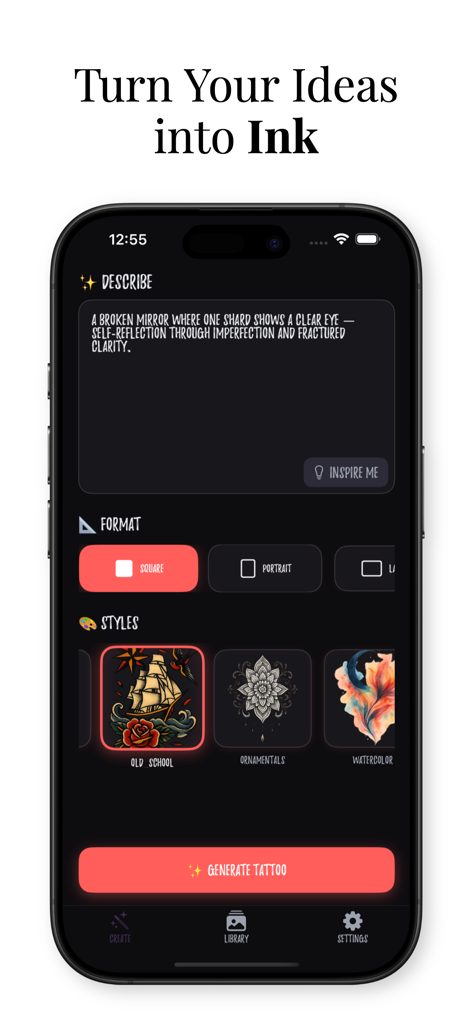 Inko: AI Tattoo Maker, Inklab - The design screen of Inko AI Tattoo Maker app showing a text prompt area and various tattoo style options like Old School and Watercolor.